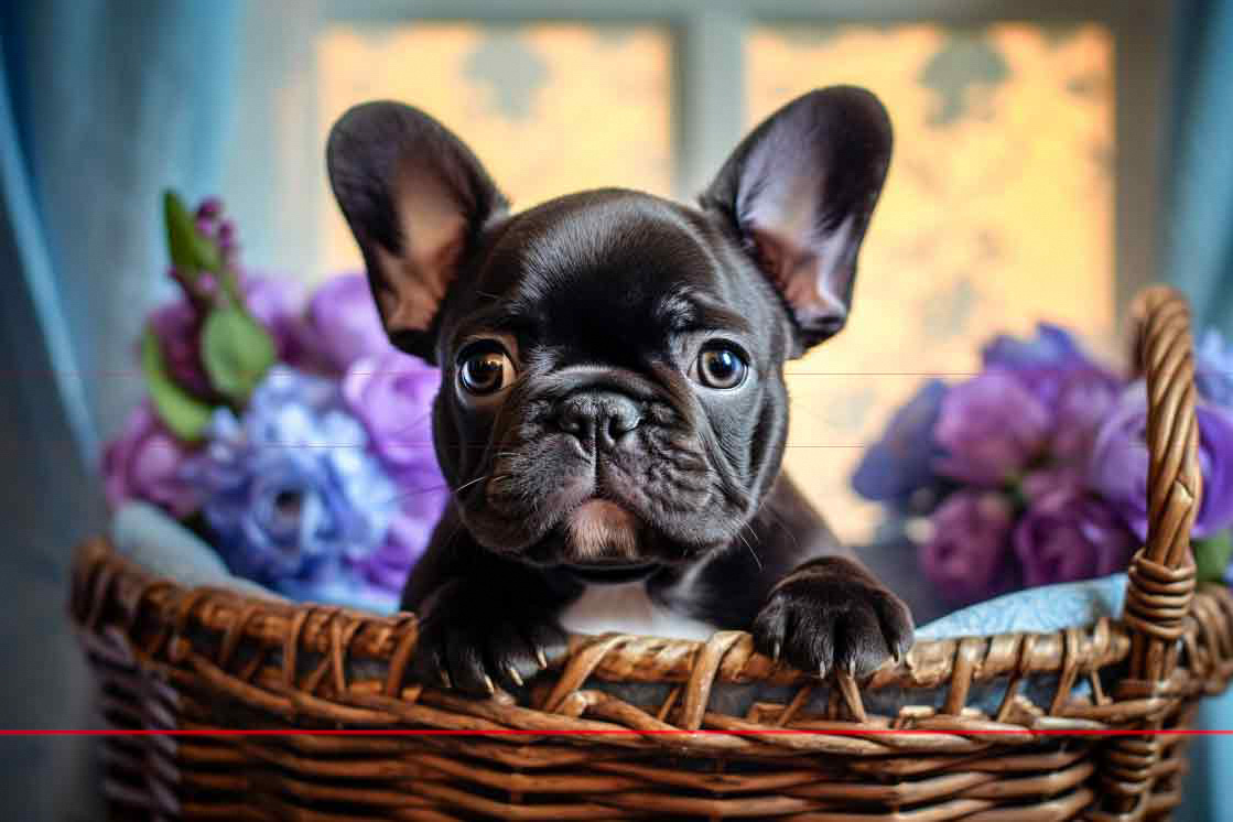 Black & White French Bulldog Puppy In Basket with Flowers